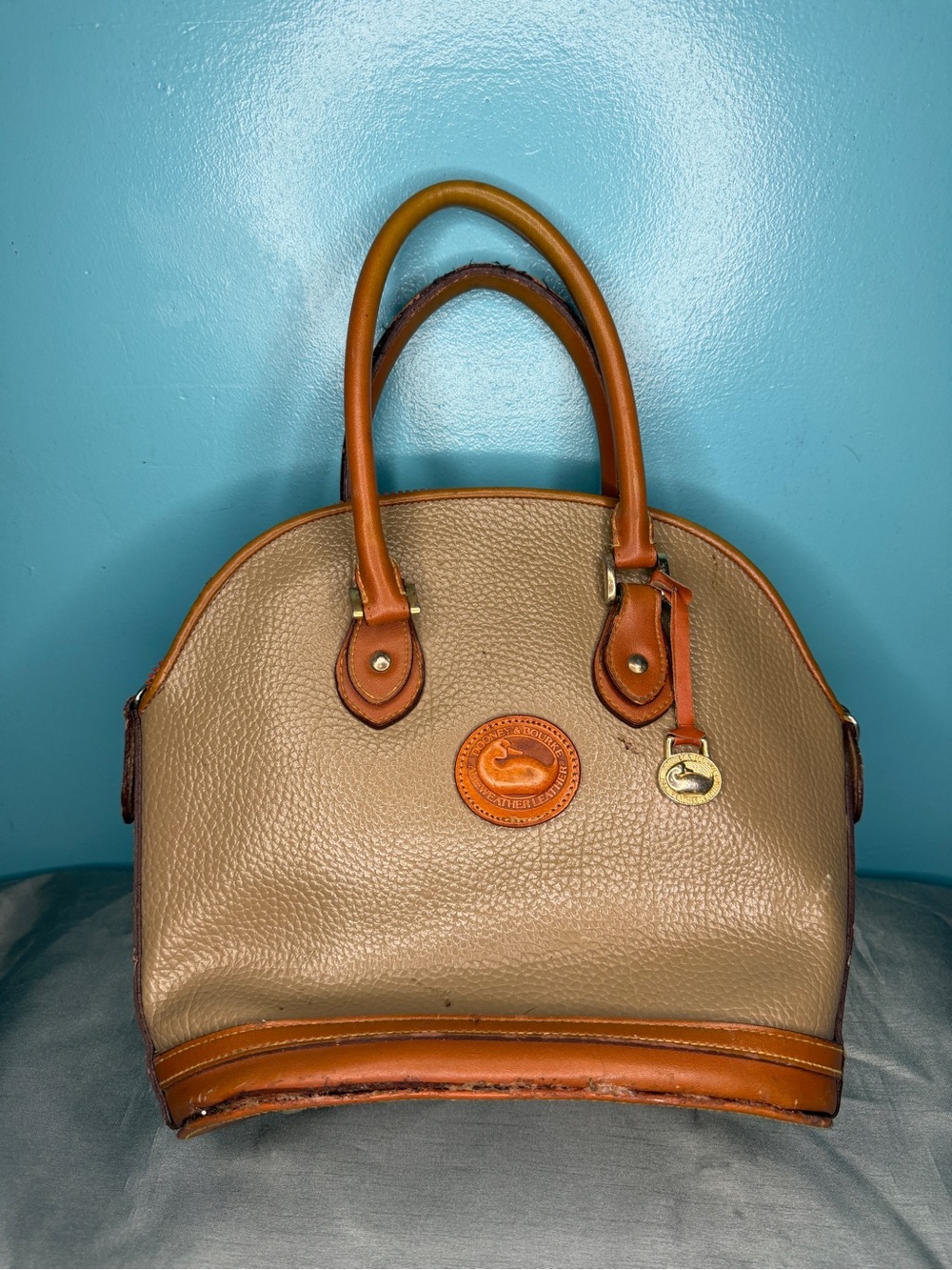 Dooney & Bourke Taupe with Brown Trim Pebbled Leather Satchel